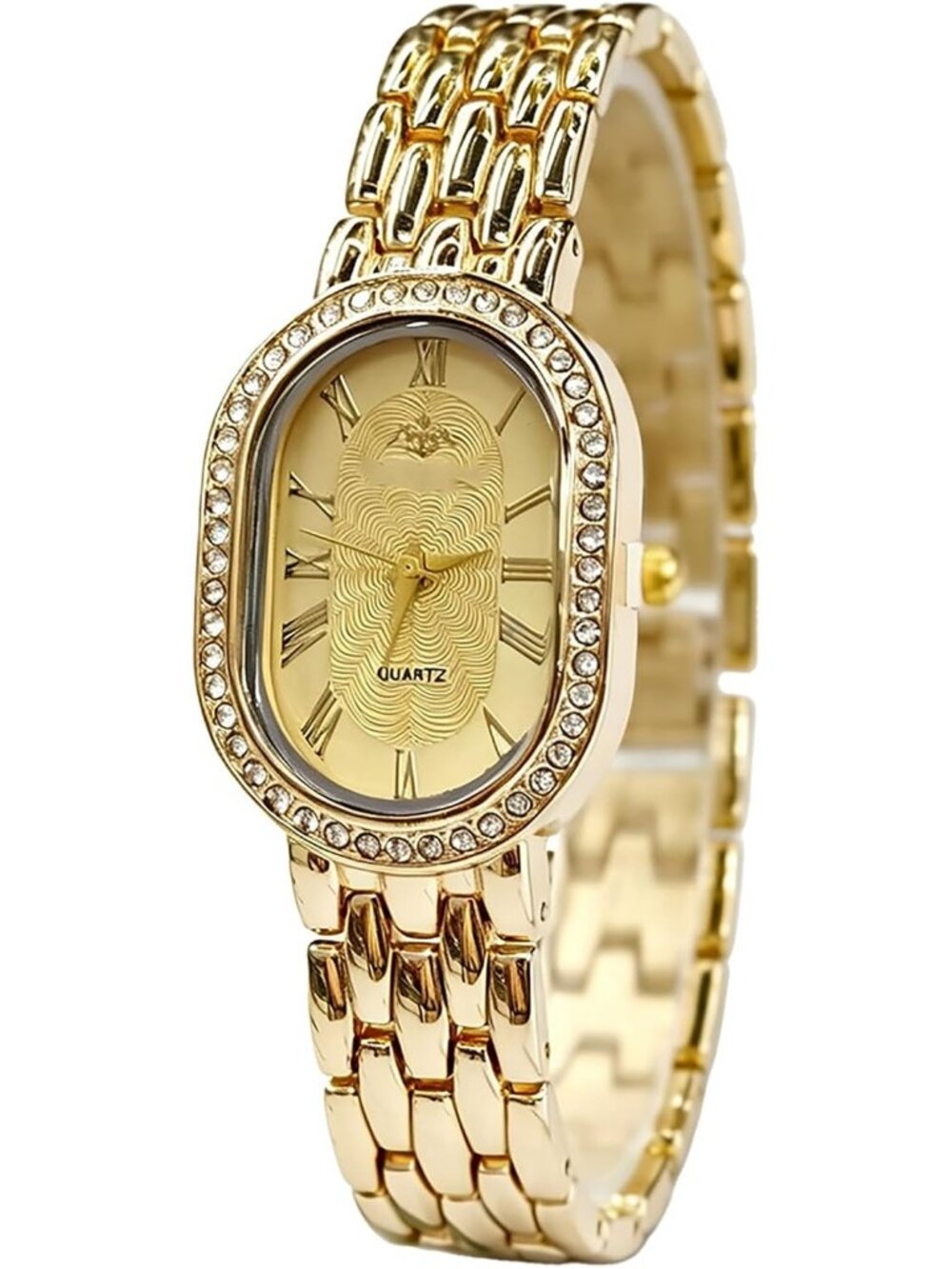 Women's Gold Oval Metal Rhinestones Case Adjustable Stainless Steel Watches